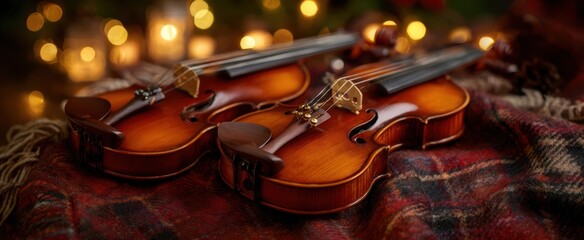 The violins resting on a cozy blanket with warm festive bokeh lights