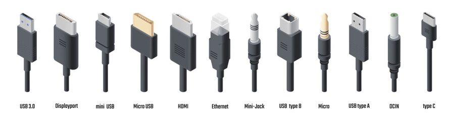 Various cable ports set. Vector isometric USB and mini, micro and different types connectors. Connection kinds and electronic interface. Adapters and technology, device setup elements