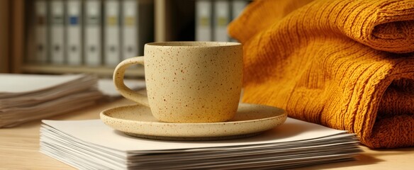 The Cup on a Saucer Resting on Papers Beside a Cozy Orange Knit Blanket