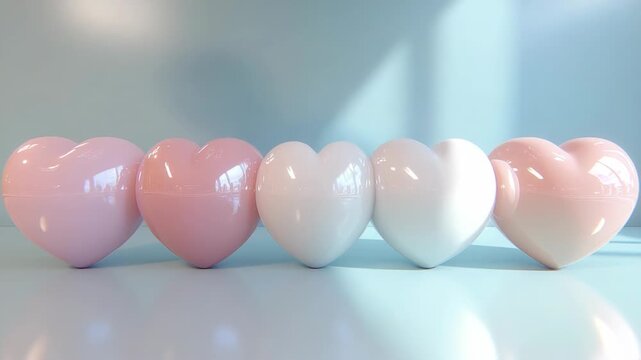 Five glossy, heart-shaped objects in varying shades of pink and white, arranged in a row