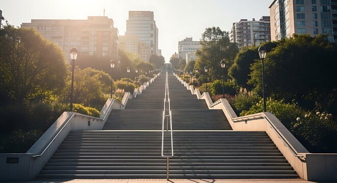 Grand Staircase Leading Up to City Buildings with Sunlight.