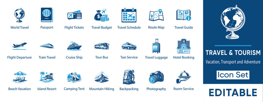 Travel and tourism icon set. Containing passport, flight ticket, luggage, hotel, cruise ship, backpack, camera, mountain, tent. Solid vector icons collection.