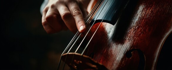 The Cello Player's Hand Plucking Warm Wooden Strings in Close Up