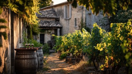 Fototapeta premium Old Stone Winery with Verdant Merlot Vines in Rural France