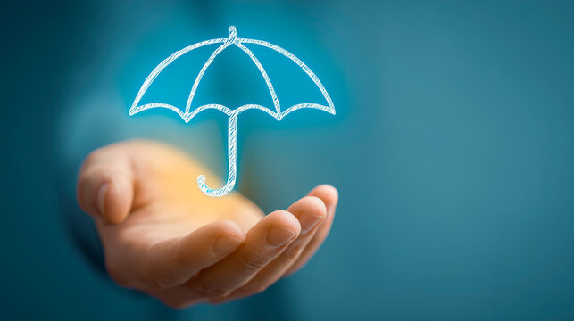 Hand holding an umbrella icon in mid air, representing personal protection risk management and insurance concept.
