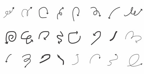 Naklejka premium Doodle spiral arrows set. Hand drawn arrows. Design quirky twist line, curve wave arrow. . Vector illustration ........