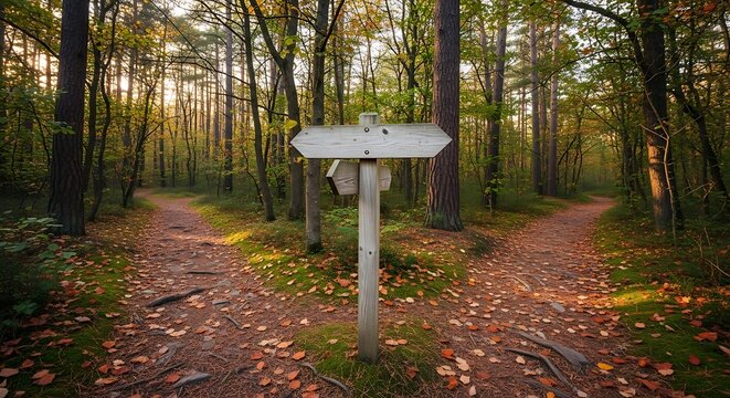 Wooden signpost in a forest with two diverging paths, representing a choice or decision.