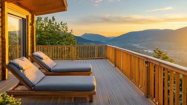 Spectacular golden hour mountain views from a luxury cabin deck with lounge chairs.
