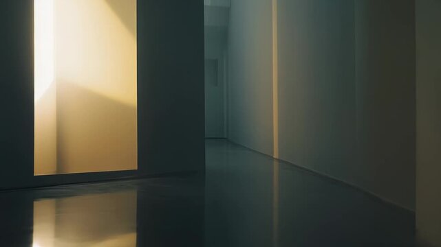 Geometric light from an unseen source illuminating a dark interior hallway, creating a warm reflection on the polished floor, symbolizing hope, opportunity, and the unknown path ahead