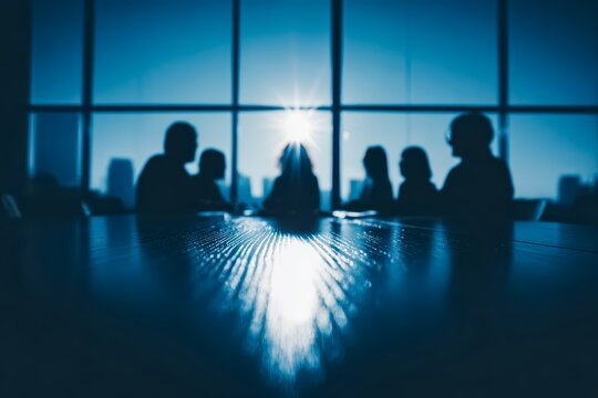 Group of people sitting at a table with a blue background. The people are all looking at the camera