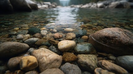 Close up of clear water flowing over a colorful textured rocky riverbed in a natural environment