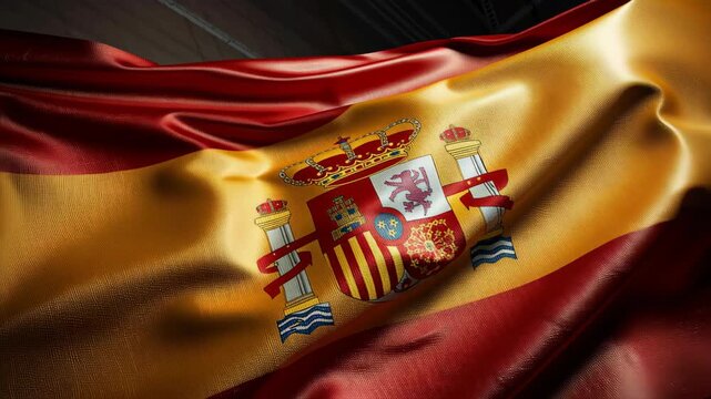 Waving spanish national flag, featuring its coat of arms with the royal crown, pillars of hercules, and the symbols of its historical kingdoms, representing spain's rich heritage and sovereignty