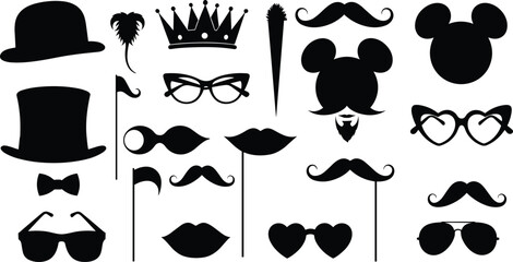 Vintage party photo booth props silhouette set with mustaches hats glasses lips crowns and funny accessories isolated © Kharshad Creative