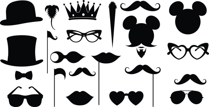 Vintage party photo booth props silhouette set with mustaches hats glasses lips crowns and funny accessories isolated