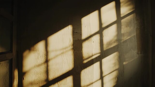 Warm sunlight streams through a window, creating strong, geometric shadows from the frames onto a textured, light colored wall, evoking feelings of peace, reflection, and the passage of time