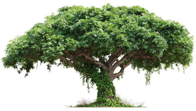 Lush green tree with thick canopy and substantial trunk, against a black background.  Extensive foliage, mature, and healthy.  Vines wrap around the base