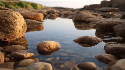 A close up view of a calm tidal pool with smooth wet rocks reflecting warm sunlight on a coastal shore