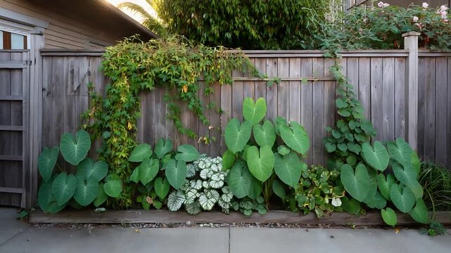 Lush Green Tropical Plants Grow Abundantly Against a Rustic Wooden Fence in a Backyard Garden.