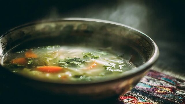 Steaming Hot Vegetable Noodle Soup Served in a Rustic Metal Bowl with Colorful Mat.