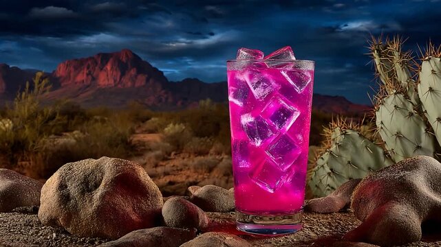 Vibrant Pink Iced Drink in Arid Desert Landscape at Dusk with Dramatic Mountains and Cactus.