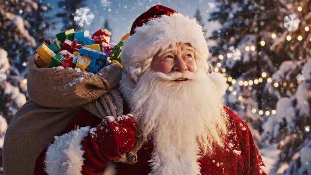 Festive Christmas cheer as Santa Claus delivers gifts through a snowy winter forest landscape