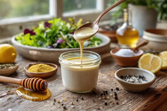 Homemade honey mustard salad dressing in a clear glass jar on a rustic wooden table with fresh greens
