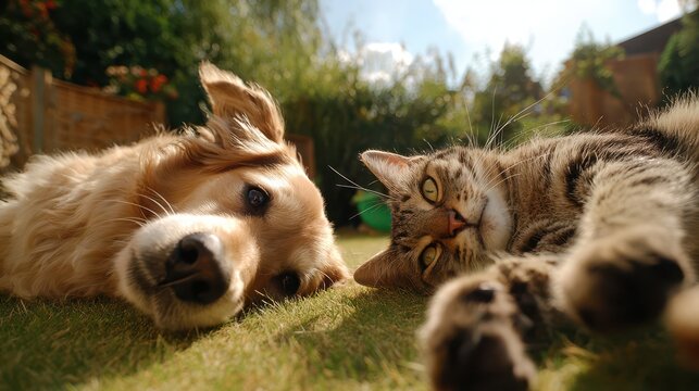 Playful dog and cat lying on their backs and playing together in a sunlit outdoor lawn
