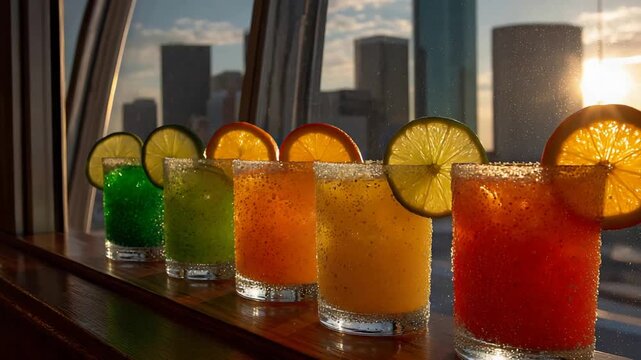 Row of vibrant refreshing cocktails with citrus slices overlooking a glowing city skyline at sunset.