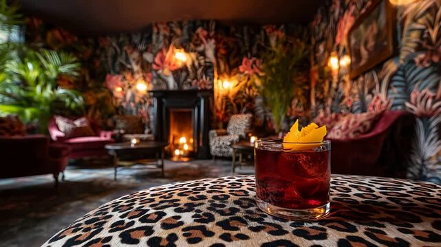 Luxurious red cocktail sits on leopard print table in a cozy, stylish lounge bar.