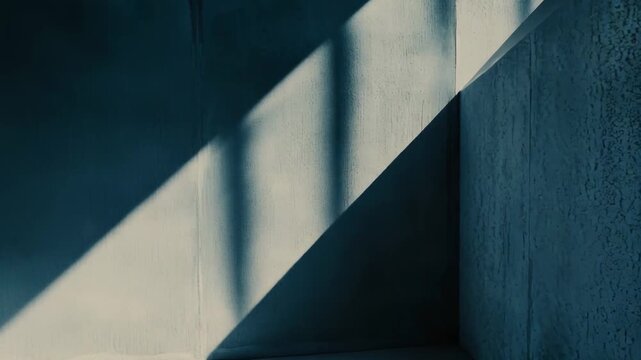 Sunlight diagonally crossing a modern concrete room corner, creating sharp contrasting geometric shapes and patterns on the rough textured walls and floor