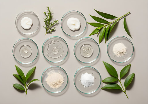 Natural cosmetic ingredients and skincare formulations. Lab dishes hold creams, liquids, powders, botanical extracts for beauty product development