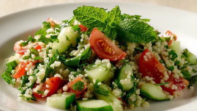 Close up of a Fresh and Vibrant Tabbouleh Salad with Mint, Tomatoes, and Cucumber.