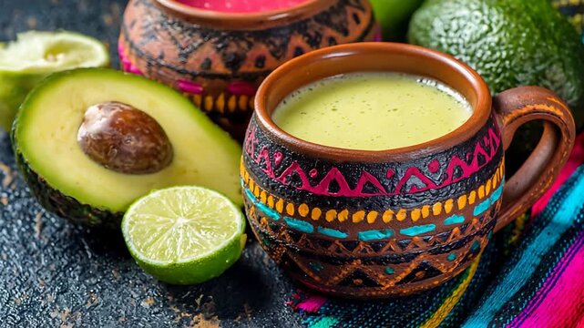 Vibrant Avocado Smoothie Served in Traditional Ceramic Mug with Fresh Lime.