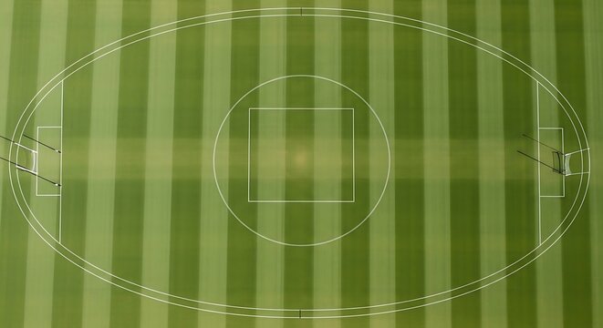Aerial View of a Green Australian Rules Football Field with White Markings.