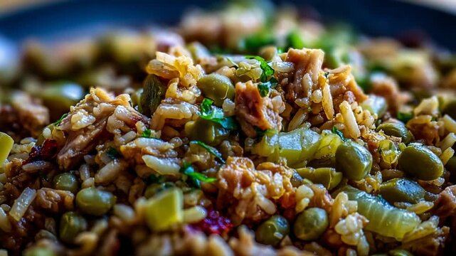 Delicious Close Up of Savory Rice Dish with Peas, Meat, and Fresh Herbs.