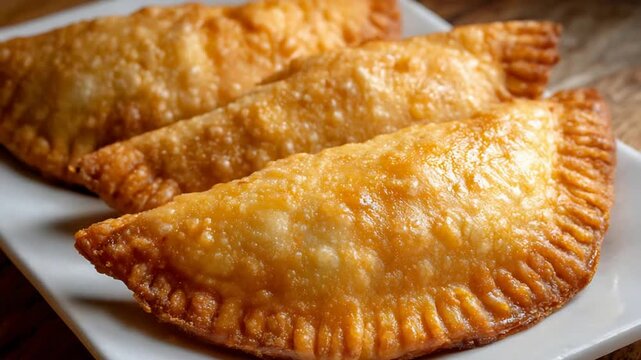 Crispy Golden Fried Empanadas or Turnovers Arranged on a White Serving Dish.