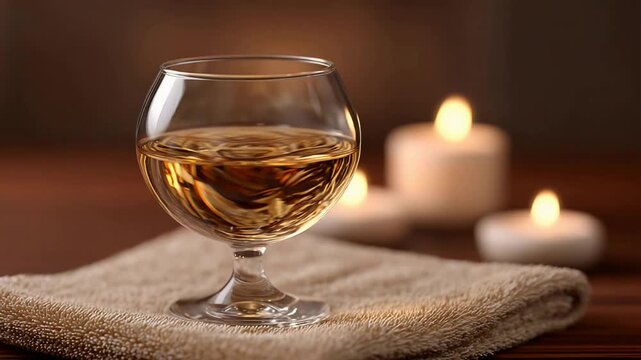 Elegant Brandy Glass with Warm Amber Liquid and Romantic Candles on Soft Towel.