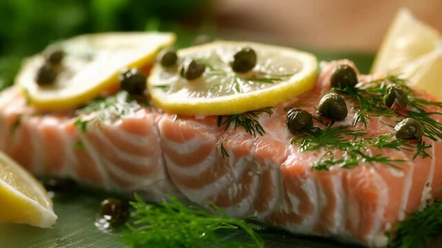 Delicious Healthy Salmon Fillet Garnished with Lemon Slices Capers and Fresh Dill.