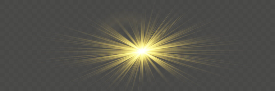 5Bright sunlight with glare. Golden flash vector. Sun rays. Glare from the sun, dawn, light effect.