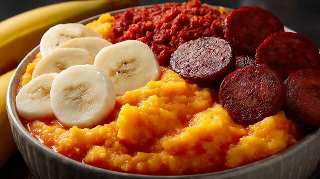 Vibrant Mashed Sweet Potato Dish with Fresh Bananas and Spicy Chorizo Sausage.