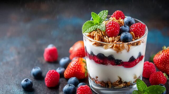 Delicious Berry Yogurt Parfait with Granola and Fresh Mint on a Dark Textured Background.