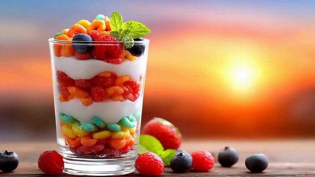 Vibrant Layered Parfait with Fresh Berries and Colorful Cereal Against a Golden Sunset.