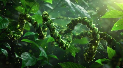 The green double helix of DNA, surrounded by foliage and glowing particles, symbolises the harmony between science and nature, making it a suitable background  