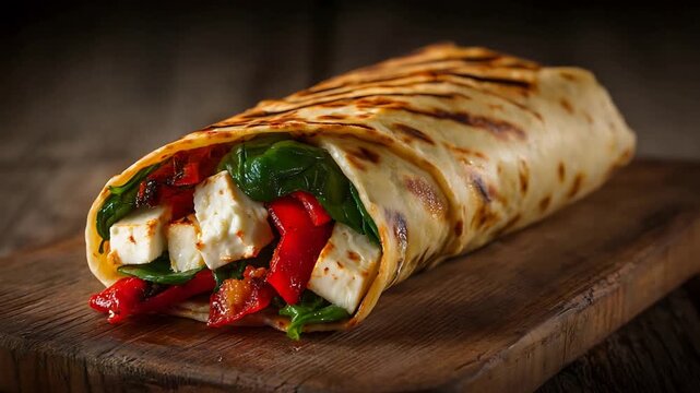 Savory Grilled Wrap Bursting with Feta, Spinach, and Roasted Red Peppers.
