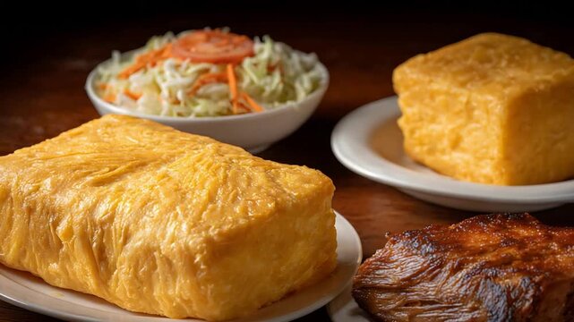 Delicious Golden Cornbread, Roasted Meat, and Fresh Coleslaw Served on a Rustic Wooden Table.