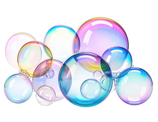 Iridescent soap bubbles with rainbow reflections against a black background