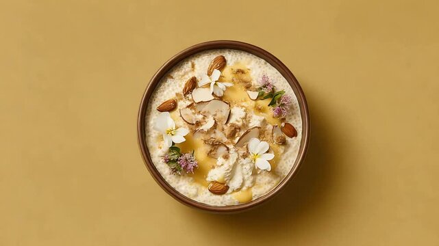 Creamy Coconut Pudding Topped with Almonds, Drizzle, and Fresh Edible Flowers for Healthy Meal.