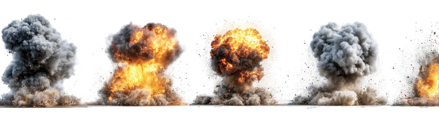 Multiple explosions with varying degrees of smoke and fire