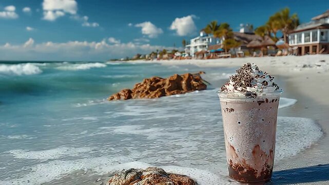 Delicious chocolate frappe with whipped cream on a sunny beach shore with gentle ocean waves.