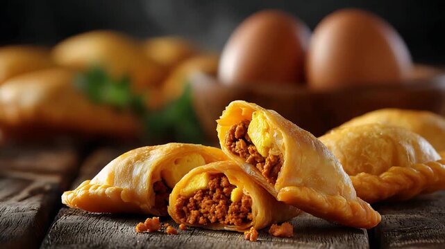 Delicious Homemade Empanadas with Savory Minced Meat and Egg Filling on Rustic Wooden Table.